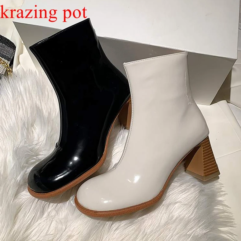 

Vichelo Hot cow leather thick high heels winter Chelsea boots zipper round toe gorgeous career elegant gentlewomen ankle boots