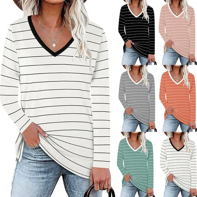 2021 Spring and Autumn T-Shirt Women Fashion Casual Loose V-Neck Stripe Cotton Long Sleeve Tops Plus Size Pullover Tee
2021 Spring and Autumn T-Shirt Women Fashion Casual Loose V-Neck Stripe Cotton Long Sleeve Tops Plus Size Pullover Tee