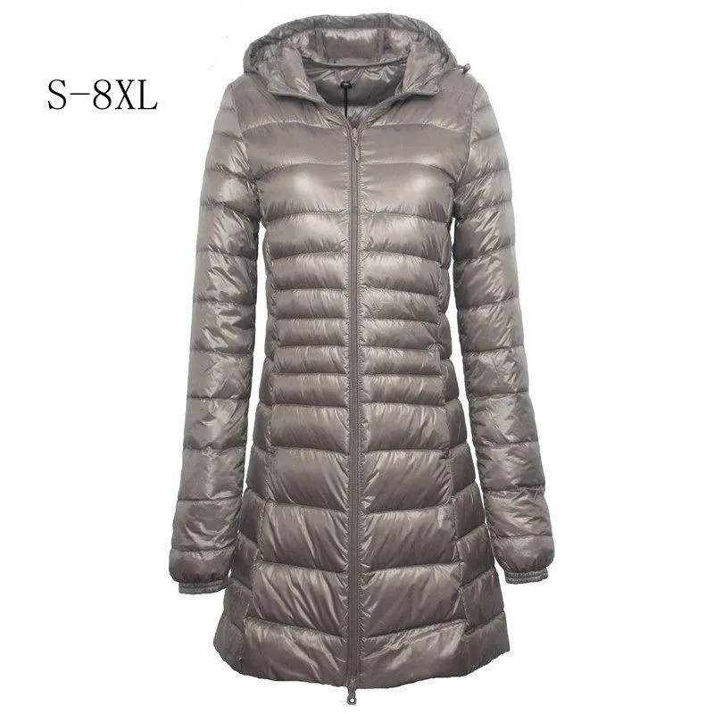 Новый 7XL 8XL плюс длинный пуховик женский зимний ультра легкий с капюшоном большой