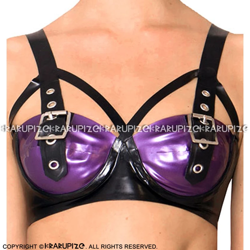 Purple And Black Sexy Latex Bra With Belts Buckles At Front Buttons Back Rubber Lingerie Brassieres 0028
Purple And Black Sexy Latex Bra With Belts Buckles At Front Buttons Back Rubber Lingerie Brassieres 0028