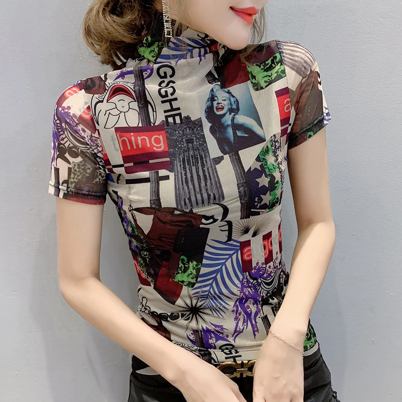 Женская футболка с высоким воротником MadBlack, черная сетчатая футболка с принтом, европейская одежда, топ для лета, 2022 
Женская футболка с высоким воротником MadBlack, черная сетчатая футболка с принтом, европейская одежда, топ для лета, 2022