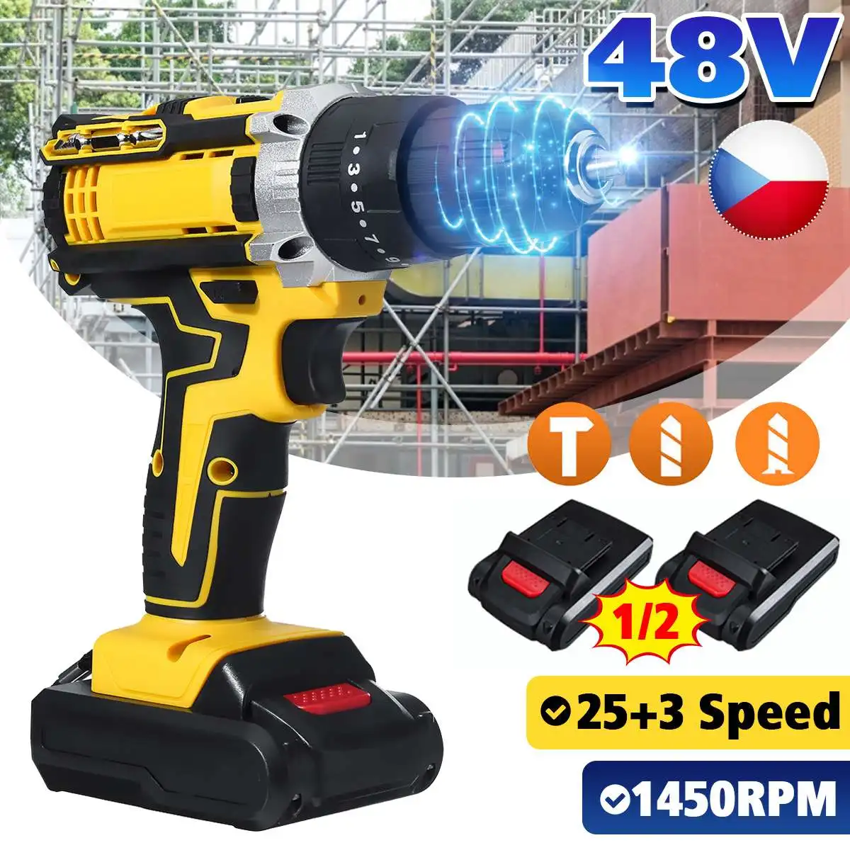 48V Cordless Electric Drill Electric Screwdriver 25+3 Torque Electric Hammer Impact Drill Power Tool With Lithium-Ion Battery
48V Cordless Electric Drill Electric Screwdriver 25+3 Torque Electric Hammer Impact Drill Power Tool With Lithium-Ion Battery