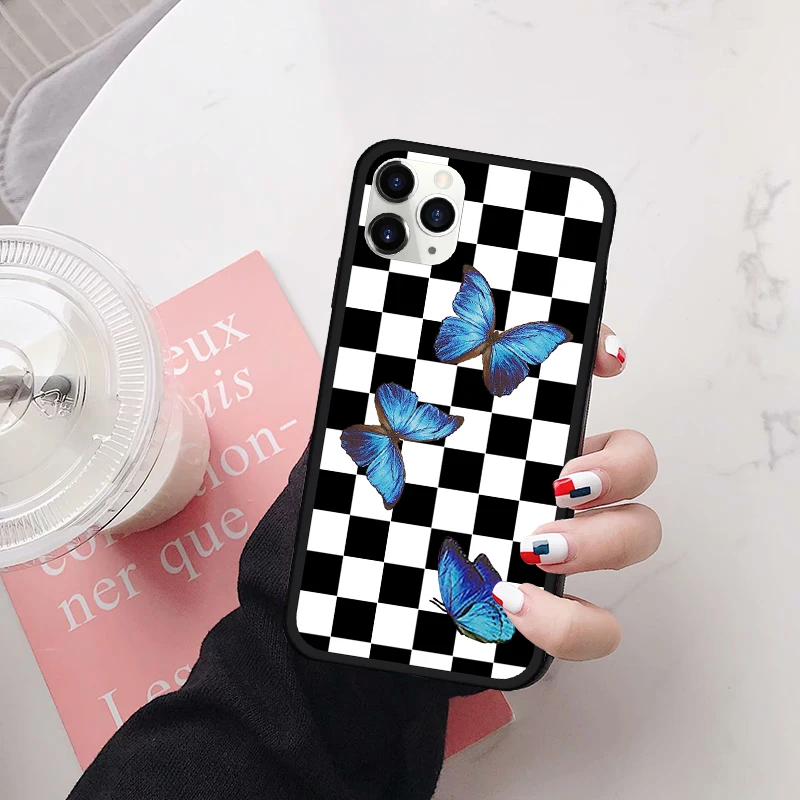 GYKZ Синий чехол в клетку с бабочками для iPhone 7 11 Pro XS MAX X XR 6 6s 8 Plus силиконовый Жесткий