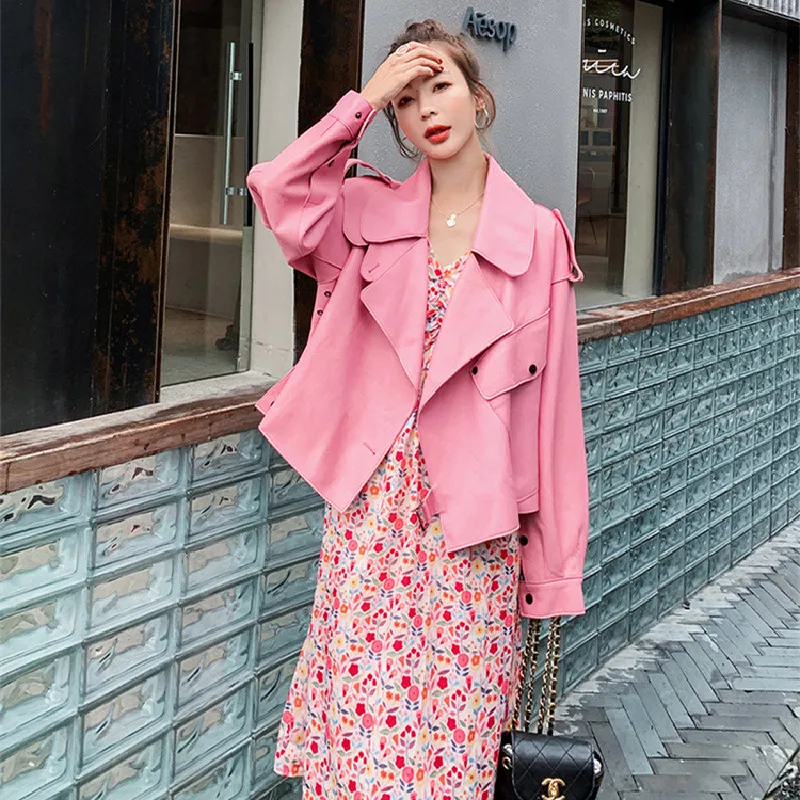 Женская Короткая кожаная куртка, розовая Повседневная Свободная куртка в Корейском стиле для осени и весны, 2021
Женская Короткая кожаная куртка, розовая Повседневная Свободная куртка в Корейском стиле для осени и весны, 2021