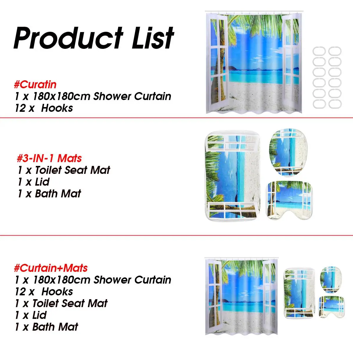 Meigar 180X180cm Waterproof Shower Curtain with Hooks/Bath Mat/Toilet Pad Set Anti-slip Pattern Ocean Island Beach Carpet
Meigar 180X180cm Waterproof Shower Curtain with Hooks/Bath Mat/Toilet Pad Set Anti-slip Pattern Ocean Island Beach Carpet