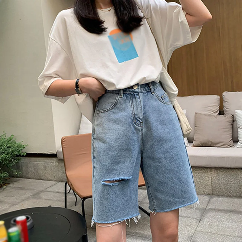 

Шорты женские джинсовые с завышенной талией, уличная одежда с широкими штанинами, с дырками, шорты-бермуды в Корейском стиле, лето 2021