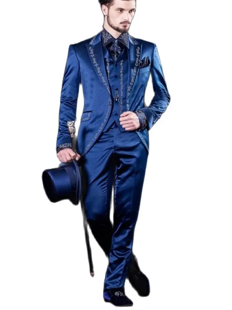

Костюмы мужские атласные с вышивкой, пиджак, брюки, жилет, пиджак, пиковые лацканы, официальная свадебная одежда, синие костюмы на заказ для ...