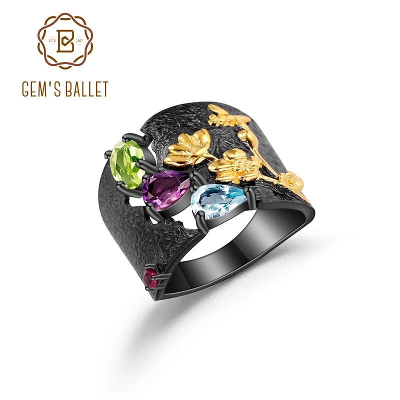 Женское кольцо из серебра 925 пробы с разноцветными цветами|Кольца| |