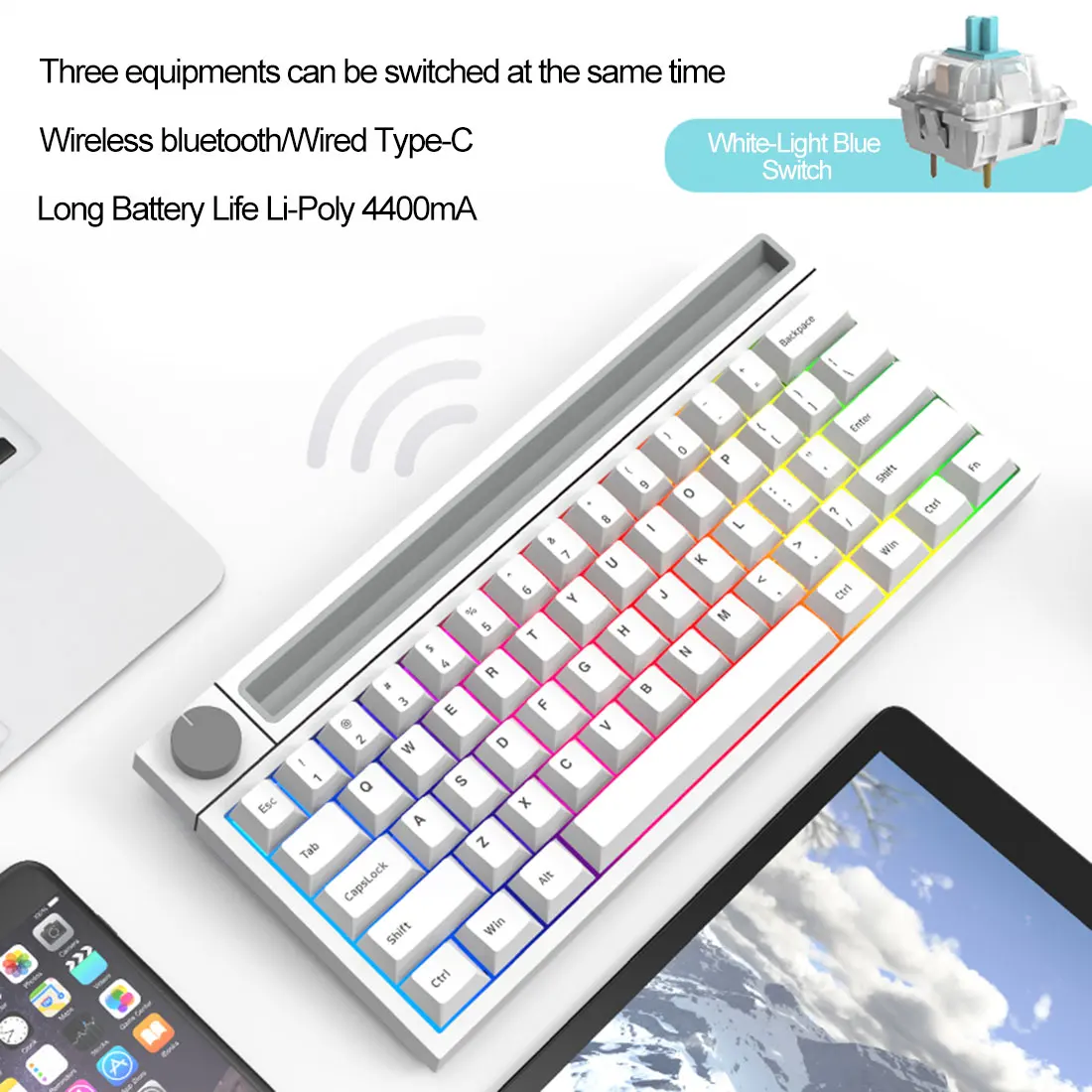 61 Keys Wired Bluetooth Dual Mode Mechanical Keyboard 60% RGB Backlit Keyboard For IPAD Laptop PC - White (Pink Switch)
61 Keys Wired Bluetooth Dual Mode Mechanical Keyboard 60% RGB Backlit Keyboard For IPAD Laptop PC - White (Pink Switch)