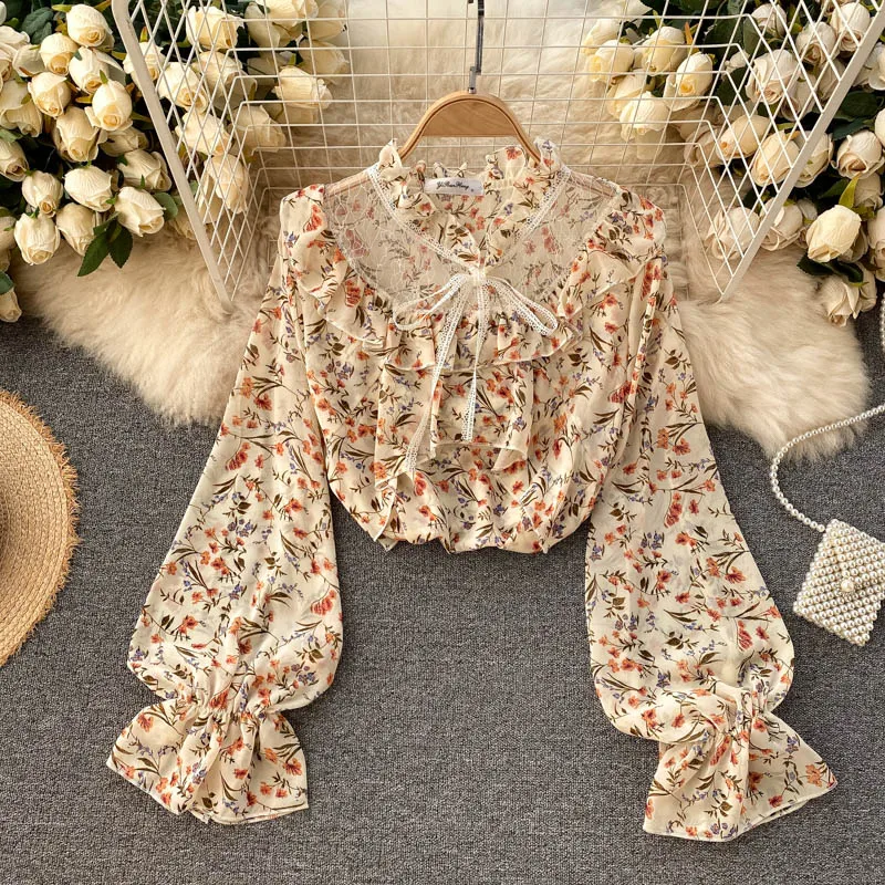Foamlina Chiffon Blouse Casual Women's Top Lace-up O-neck Flare Sleeve Floral Print Lace Splicing Sweet Ladies Ruffles Blouse
Foamlina Chiffon Blouse Casual Women's Top Lace-up O-neck Flare Sleeve Floral Print Lace Splicing Sweet Ladies Ruffles Blouse