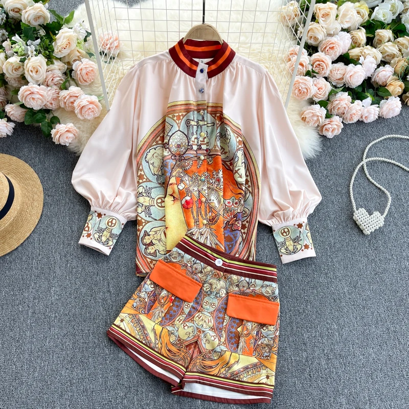 Spring Autumn Retro Print Suit For Women Lantern Sleeve Loose Casual Tops + High Waist Wide Leg Short Pants Two Piece Set Outfit
Spring Autumn Retro Print Suit For Women Lantern Sleeve Loose Casual Tops + High Waist Wide Leg Short Pants Two Piece Set Outfit
