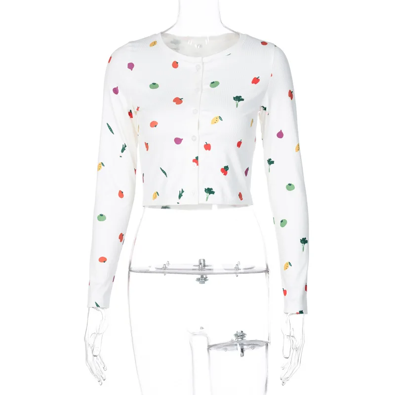 Pop Autumn Women's Fruit Print T-shirt New Casual Wild Long Sleeve Single-breasted Summer Cardigan Crop Top 
Pop Autumn Women's Fruit Print T-shirt New Casual Wild Long Sleeve Single-breasted Summer Cardigan Crop Top