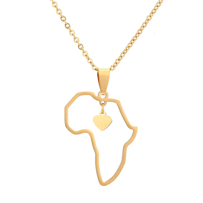 

African Africa Map Pendant With Heart Hiphop Nceklace Gold Color Stainless Steel Chains For Women Men Jewelry Gift Wholesale