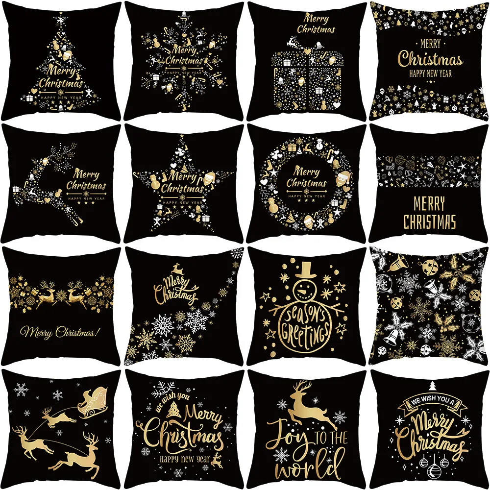 

45*45cm Christmas Black Gold Cushion Cover Merry Christmas Decorations for Home Cristmas Ornaments Natal Navidad Gift New Year