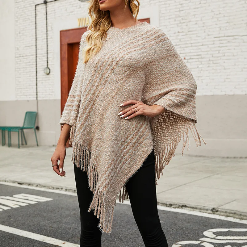 

Womens V Neck Striped Poncho with Tassels Knitted Shawl Fringed Wrap Ladies Sweater Pullover Top Cape Cloak Sueters De Mujer