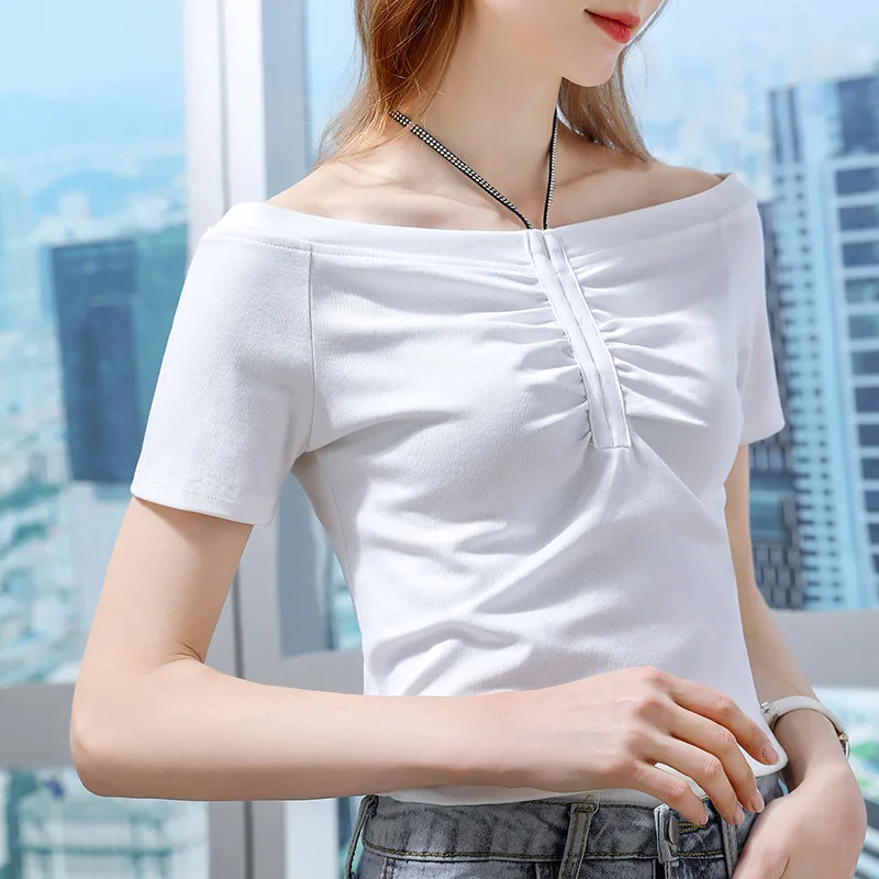 Short sleeve T-shirt women's 2021 summer new women's wear one line shoulder neck sexy cotton T-shirt temperament goddess model
Short sleeve T-shirt women's 2021 summer new women's wear one line shoulder neck sexy cotton T-shirt temperament goddess model