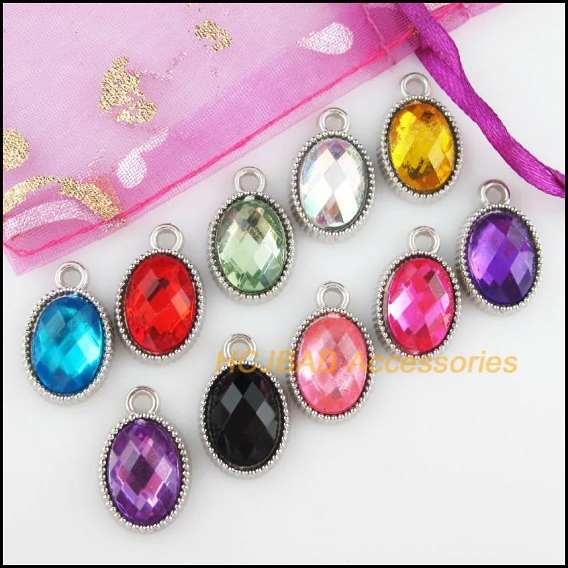 

20 New Ellipse Charms Mixed Acrylic Dull Silver Plated Oval Pendants 13x21mm