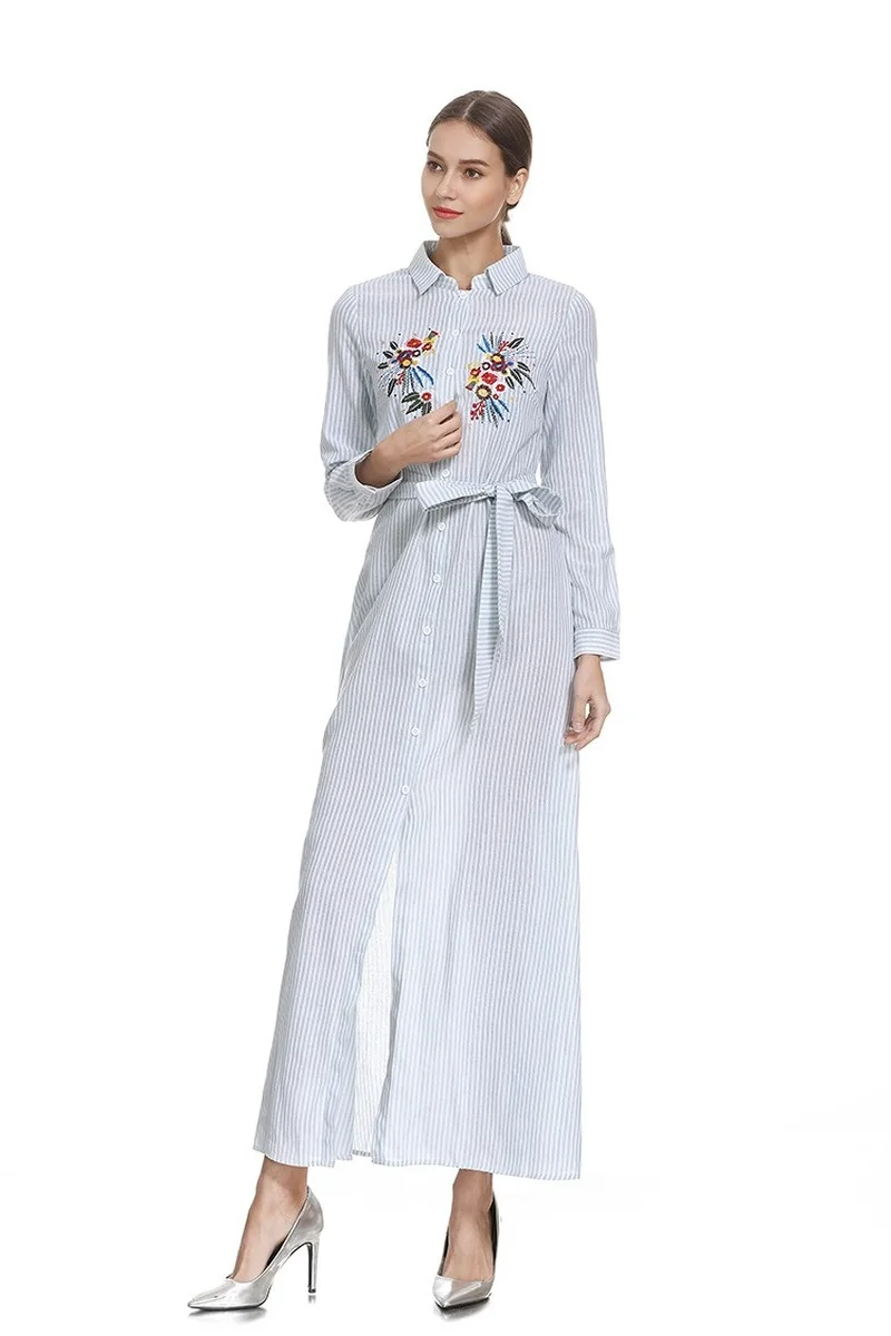 New Muslim Shirt Dress Arab Dubai Turkish Islamic Long-sleeved Striped Embroidered Robe with Long Skirt Maxi Dress Summer 2021
New Muslim Shirt Dress Arab Dubai Turkish Islamic Long-sleeved Striped Embroidered Robe with Long Skirt Maxi Dress Summer 2021