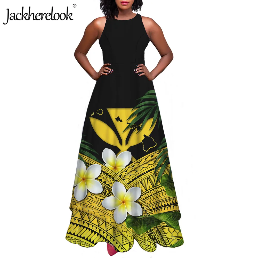 

Jackherelook Women's Party Maxi Dresses Hawaii Map Polynesian Tribal Hibiscus Plumeria Brand Design Comfortable Sleeveless Dress