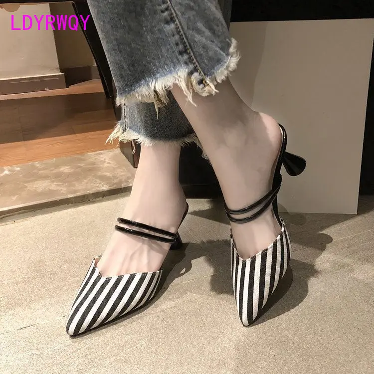 

LDYRWQY Spring 2021 new women's shoes striped two-wear pointed sandals shallow temperament high heels stiletto slippers