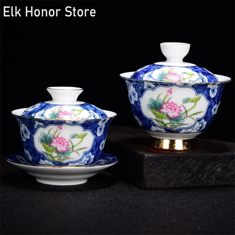 

Retro Blue And White Porcelain Sancai Gaiwan Handmade Lotus Gaiwan Tea Cups Kung Fu Teaware Accessories Ceramic Tea Bowl
