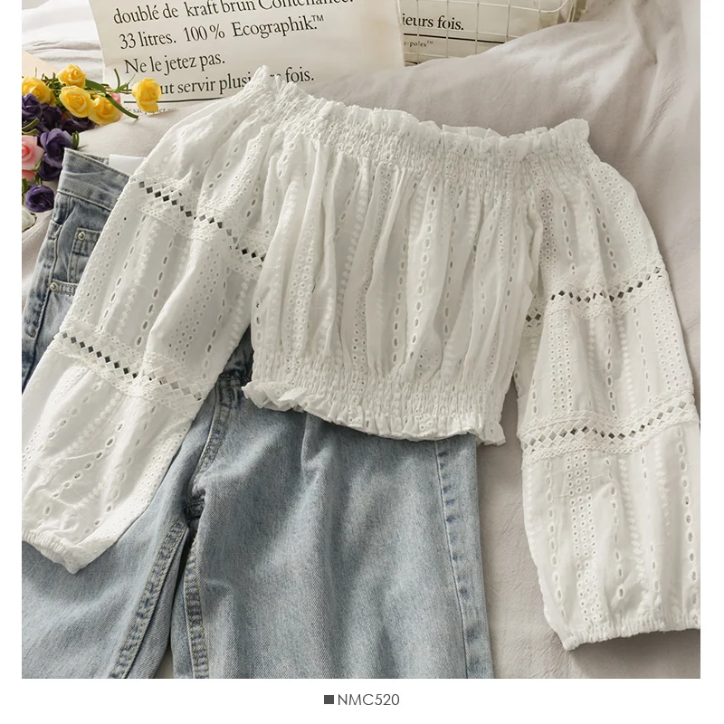 white crop tops sweet style slash neck Korean shirts Female new Hollow out Long sleeve Blouses Women's Clothing fashion brand
white crop tops sweet style slash neck Korean shirts Female new Hollow out Long sleeve Blouses Women's Clothing fashion brand