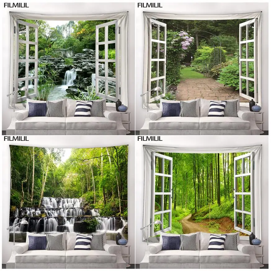 

3D Outside The Window Garden Scenery Tapestry Green Forest Waterfall Tapestries Fabric Landscape Wall Hanging Room Decor Blanket