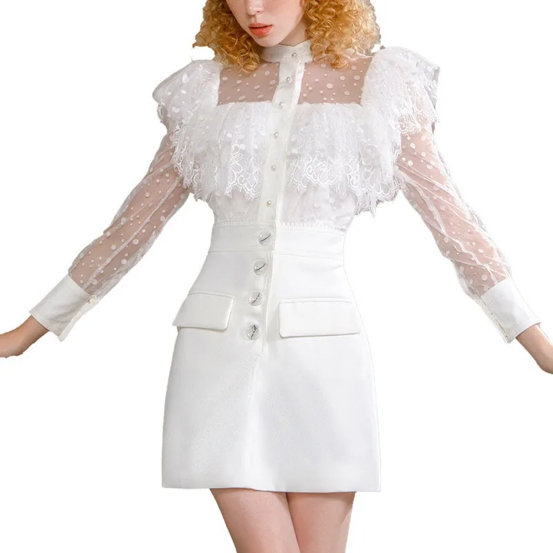 DEAT Women White Patchwork Lace Gauze Ruffle Dress New Stand Neck Long Sleeve Slim Fit A-line Fashion Tide Summer 2021 7D1626
DEAT Women White Patchwork Lace Gauze Ruffle Dress New Stand Neck Long Sleeve Slim Fit A-line Fashion Tide Summer 2021 7D1626
