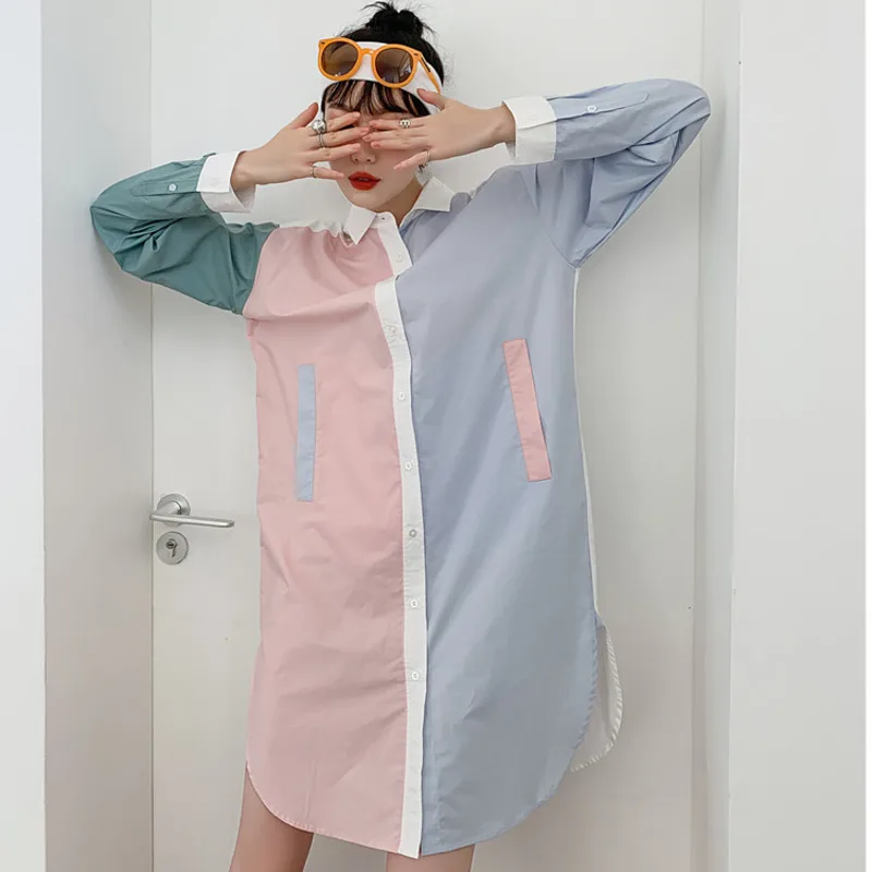 IEQJ Women Casual Temperament Spliced Contrast Color Shirt Dress Newlapel Long Sleeve Loose Fashion Tide Summer 2021 3F0927
IEQJ Women Casual Temperament Spliced Contrast Color Shirt Dress Newlapel Long Sleeve Loose Fashion Tide Summer 2021 3F0927