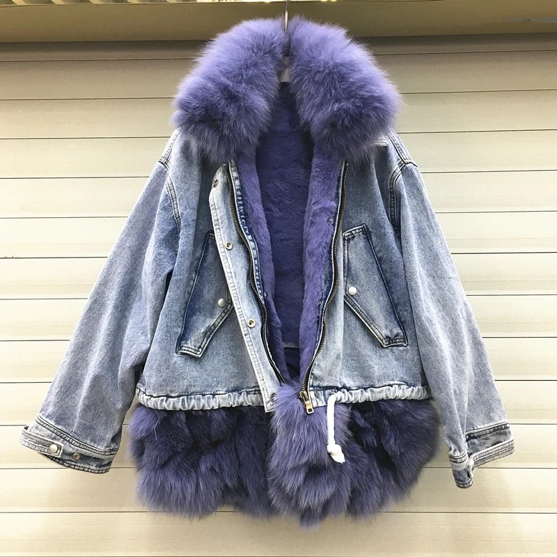 

Thicker Warm Denim Coat Real Fox Fur Collar Female Winter Longer Real Rabbit Fur Liner Detachable Real Fur Coat Short Parka