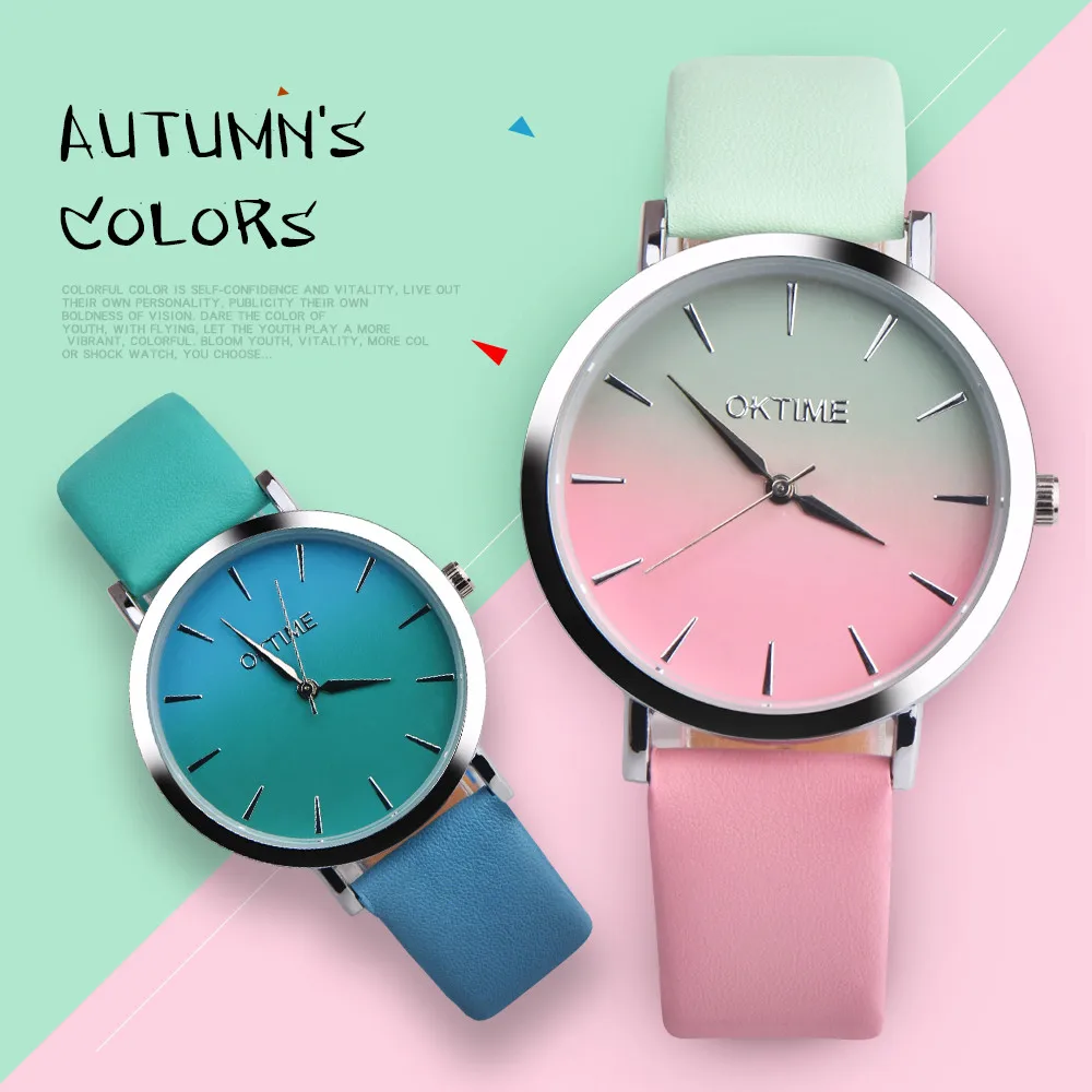 2021 New Watch Women Gradient Retro Rainbow Design Leather Band Analog Quartz Wrist Watches Outdoor Sports Wrist Clock Gift
2021 New Watch Women Gradient Retro Rainbow Design Leather Band Analog Quartz Wrist Watches Outdoor Sports Wrist Clock Gift