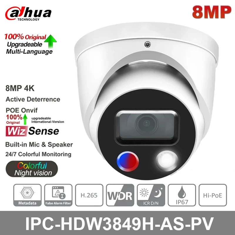 

Original 4K IP Camera IPC-HDW3849H-AS-PV 8MP 24 Hours Full-Color Active Deterrence Fixed-Focal Eyeball WizSense Network Camera