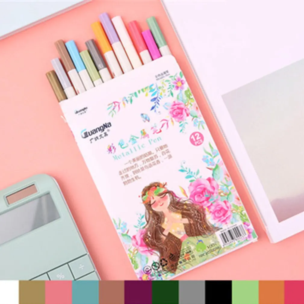 Album Diy Water-based Paint Pen 12-color Hard Head Cowhide Black Cardboard High-gloss Graffiti Mark Pearlescent Paint Pen
Album Diy Water-based Paint Pen 12-color Hard Head Cowhide Black Cardboard High-gloss Graffiti Mark Pearlescent Paint Pen