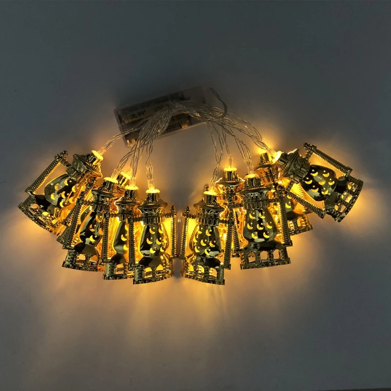 

10 LEDs Eid Mubarak String Lights Golden Kerosene Oil Lamp Shaped Battery Powered Lanterns Muslim Ramadan Decoration