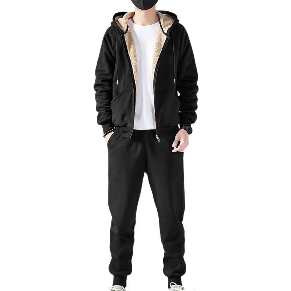 

men's Sweatpants male sets Hoodie Suit Solid Color Plush Thermal Drawstring Zip-up Men Tracksuits for vetement homme