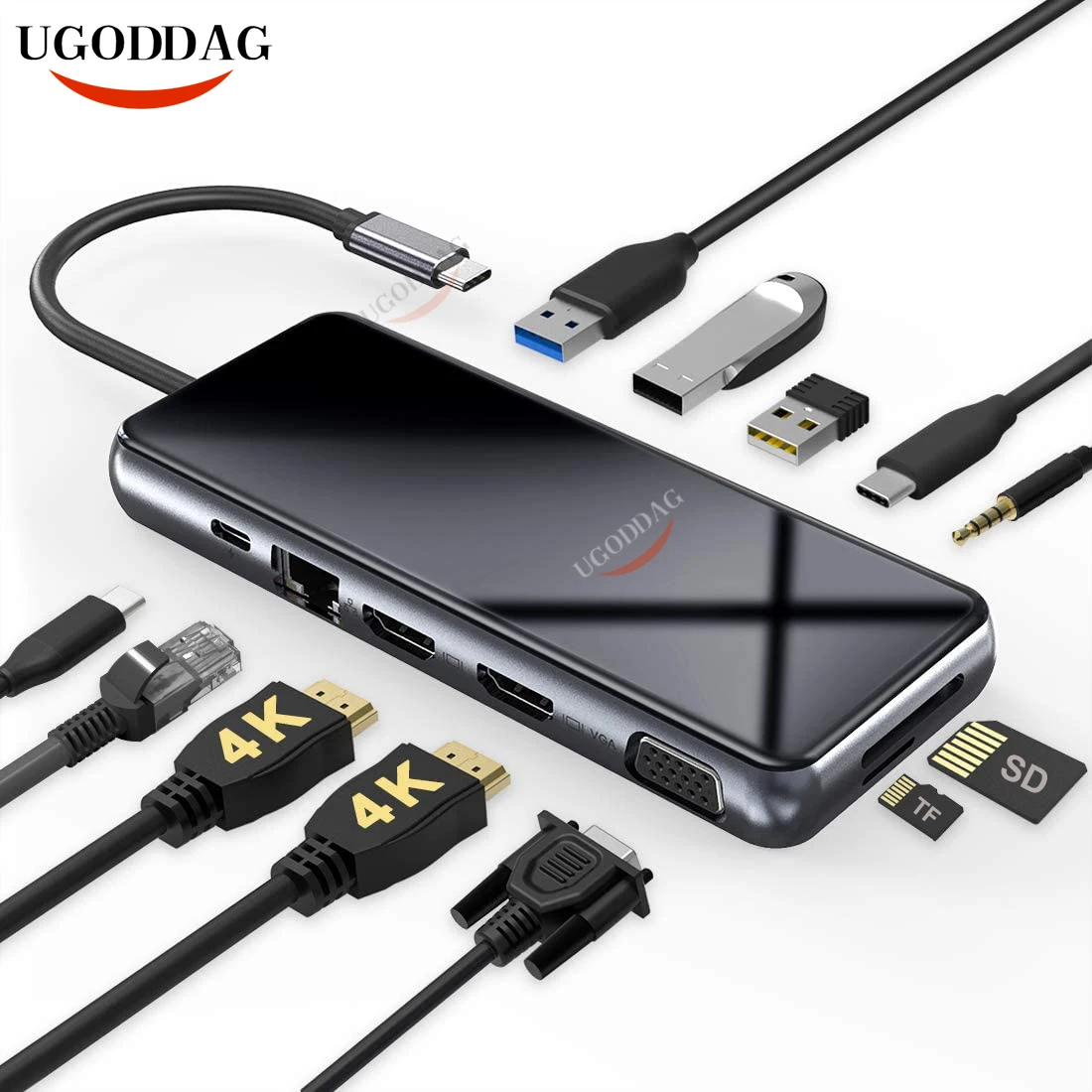 12 in 1 USB C Hub Docking Station with 3USB 2HDMI VGA RJ45 100W PD Aux Type C Adapter Splitter for Macbook Dell Samsung ThinkPad
12 in 1 USB C Hub Docking Station with 3USB 2HDMI VGA RJ45 100W PD Aux Type C Adapter Splitter for Macbook Dell Samsung ThinkPad