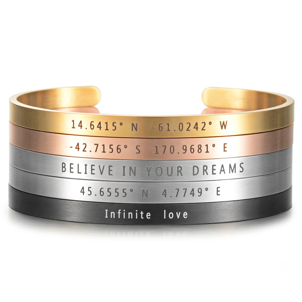 5mm Width Brushed Stainless Steel custom Personalized coordinate Bangles Laser Engrave Adjustable Open Cuff Travel bracelet Gift
5mm Width Brushed Stainless Steel custom Personalized coordinate Bangles Laser Engrave Adjustable Open Cuff Travel bracelet Gift