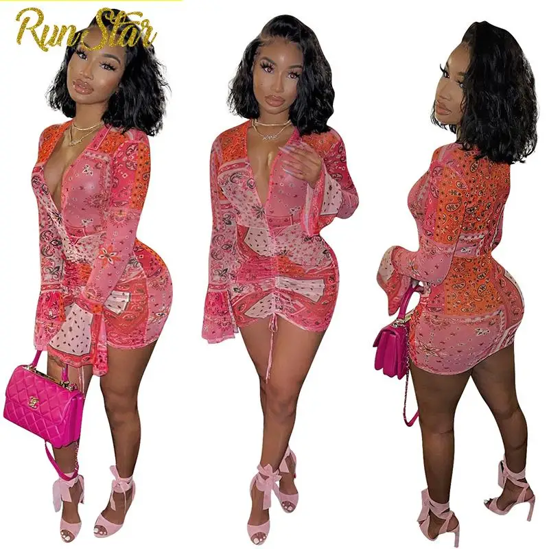 Women Mini Dress Fashion Deep V Neck Ruched Drawstring Print Party Dresses Mesh Flare Long Sleeve Transparent Club Outfit 2021
Women Mini Dress Fashion Deep V Neck Ruched Drawstring Print Party Dresses Mesh Flare Long Sleeve Transparent Club Outfit 2021