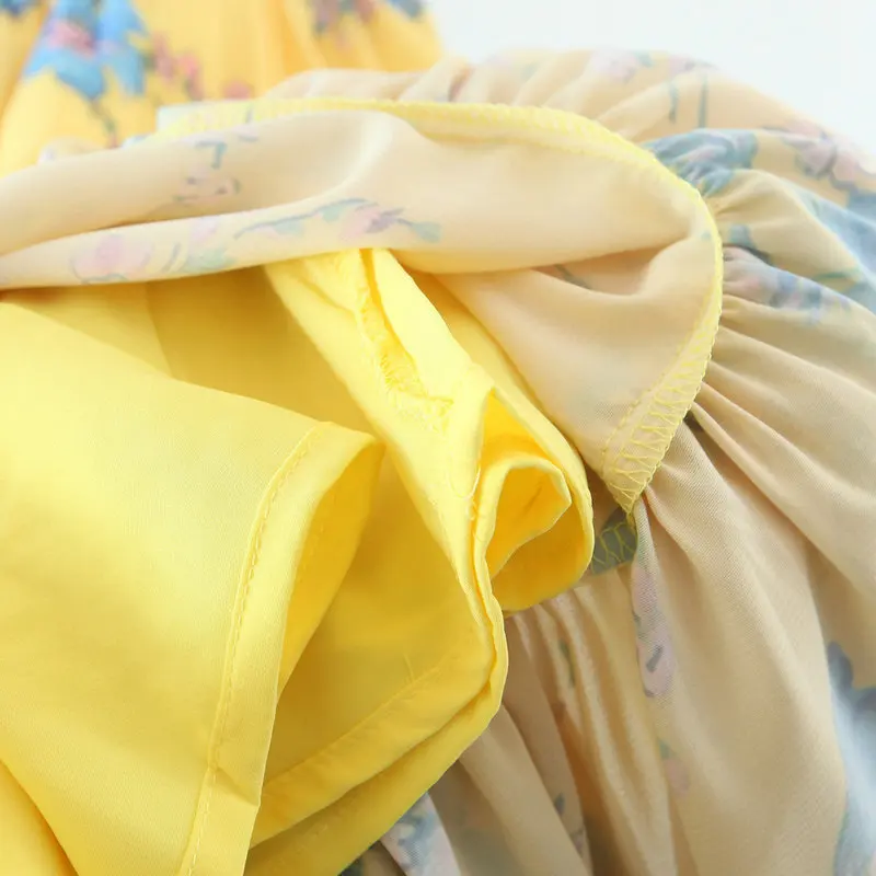 Women Summer Flower Yellow Chiffon Dress Short Puff Sleeve Holiday Style One Piece Ankle Length Scoop Neckline Robe Romantic 
Women Summer Flower Yellow Chiffon Dress Short Puff Sleeve Holiday Style One Piece Ankle Length Scoop Neckline Robe Romantic