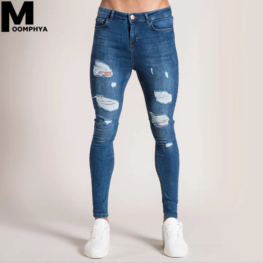 

Moomphya 2020 Distressed Ripped Holes Skinny Jeans Men Streetwear Men Jeans Denim Pants Men Hip Hop Trousers Men Blue Jeans