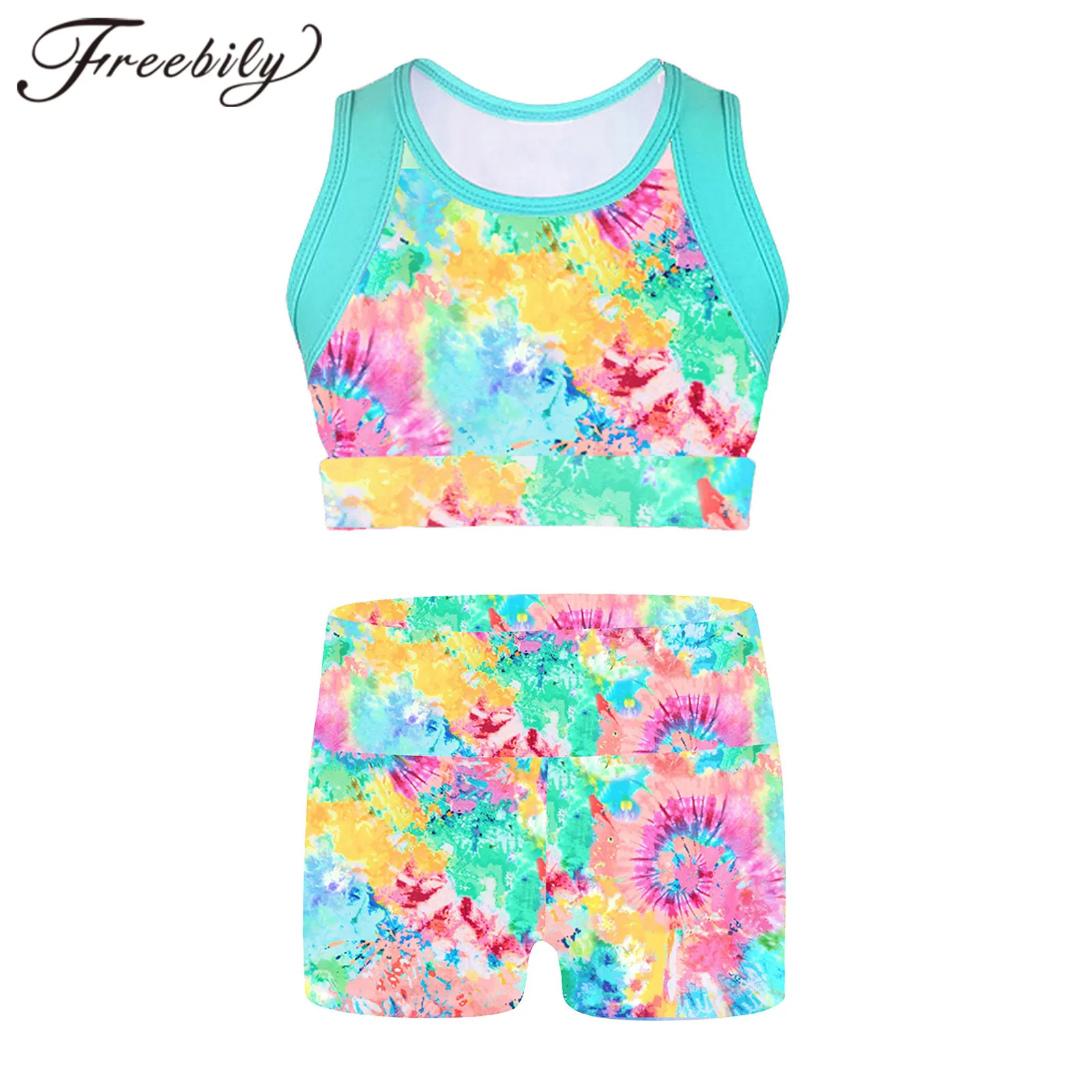 

Children Swimwear Swimsuits Colorful Girls Tracksuit Kids Yoga Sets Tie-dye Tank Top + Shorts 2Pcs Ballet Gymnastics Outfits