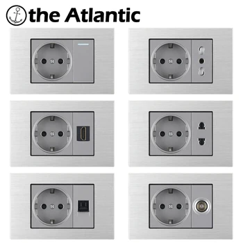 16A EU Power Socket With HDMI RJ45 USB Data RJ45 TV Socket With Switch Silver Metal Gray Korea Spain Plug Wall Electrical Outlet