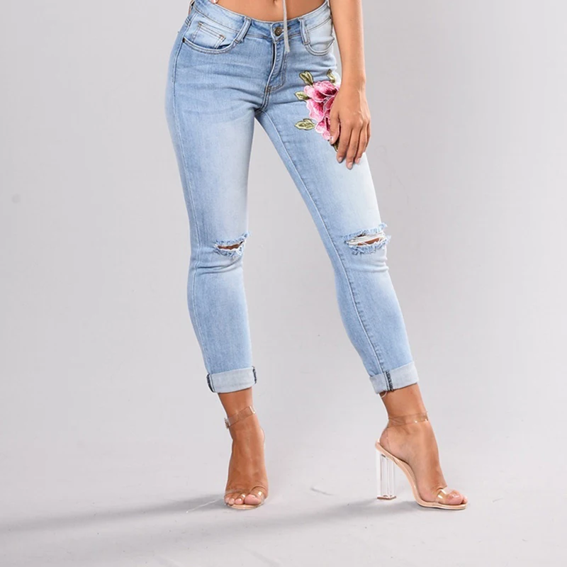 Stretch Jeans For Women Elastic Flower Jeans Ladies Pencil Denim Pants Hole Ripped Pantalon Rose Embroidered Pattern Jeans
Stretch Jeans For Women Elastic Flower Jeans Ladies Pencil Denim Pants Hole Ripped Pantalon Rose Embroidered Pattern Jeans