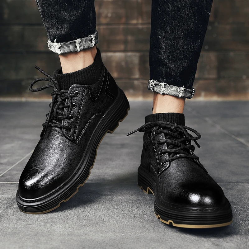 

Черные мужские зимние кроссовки для мужчин, мужская повседневная обувь на толстой резиновой подошве со шнуровкой для улицы, мужская обувь *