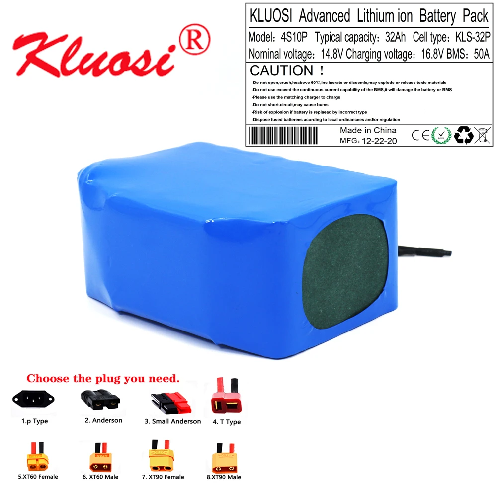 KLUOSI 4S10P 14.8V 32Ah 600Watt 14.4V 16.8V Lithium Battery Pack with 50A BMS for Inverter Smart Robot High-power Equipment Etc |