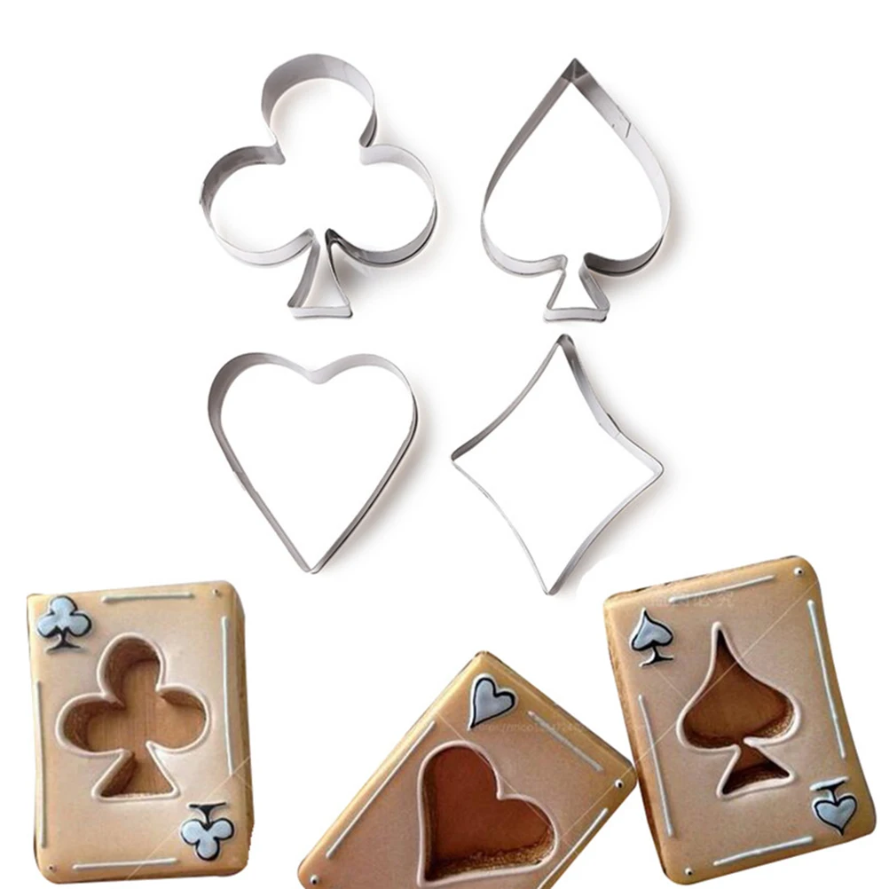 4 Pcs/set Poker Cookie Mold Stainless Steel Playing Cards Cake Fondant Mold Spade Heart Club Diamond Biscuit cutter
4 Pcs/set Poker Cookie Mold Stainless Steel Playing Cards Cake Fondant Mold Spade Heart Club Diamond Biscuit cutter