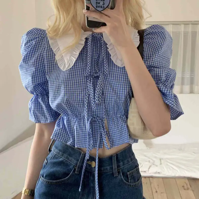 Vintage Plaid Sweet Women-blouses Bow Tie Puff Short Sleeve Doll Shirt 2021 Spring Summer New Causal Blusas
Vintage Plaid Sweet Women-blouses Bow Tie Puff Short Sleeve Doll Shirt 2021 Spring Summer New Causal Blusas