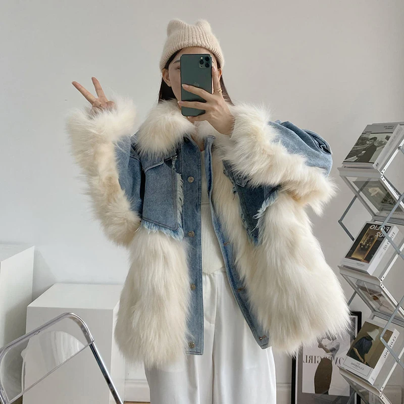 New Korean Fashion Fur Jacket Women Winter Thick Fur Collar Denim Coats Warm Vintage Patchwork Jean Overcoat Outwear
New Korean Fashion Fur Jacket Women Winter Thick Fur Collar Denim Coats Warm Vintage Patchwork Jean Overcoat Outwear