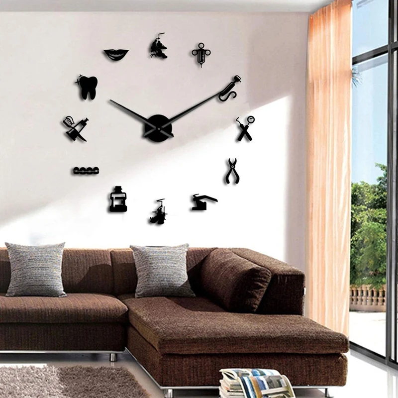 

3D Large DIY Wall Clock Dentist Frameless Mute Non Ticking Quartz Clocks Watch with Mirror for Bedroom Decor Gifts
