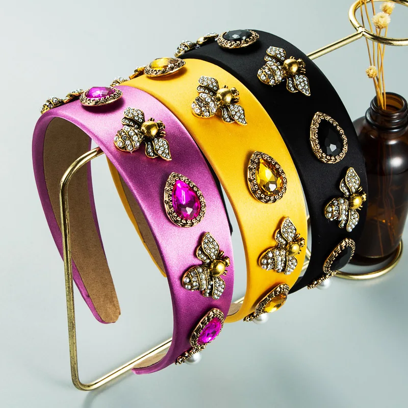

2021 New Retro Baroque Rhinestone Headbands for Women Headdress Girls Yellow Metal Bee Hairbands Hair Accessories